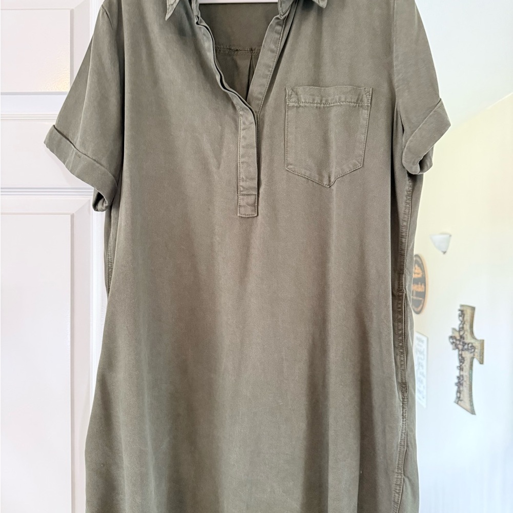 Olive Green Short Sleeve Shirt Dress